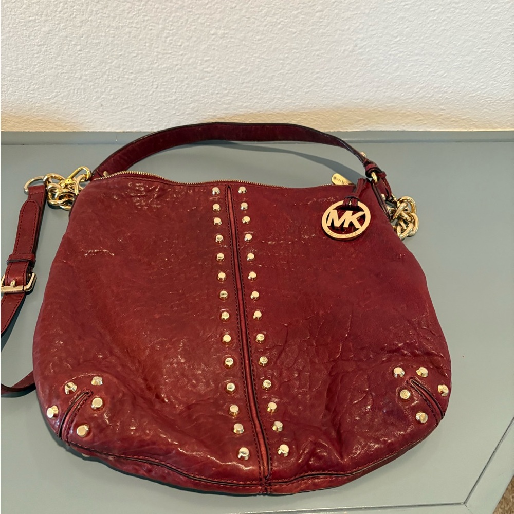Michael Kors Red and Gold Shoulder Bag with Studded Details